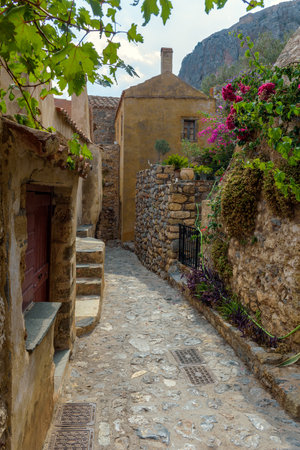 Traditional architecture with  a narrow  stone street and a colorfull bougainvillea in  the medieval  castle of Monemvasia, Lakonia, Peloponnese, Greece.の写真素材
