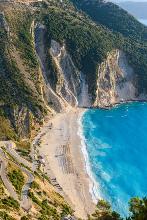 View of the paradise beach Myrtos in Kefalonia the beautiful  Ionian island of Greeceの写真素材