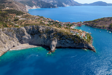 aerial view of the beautiful Assos village in kefalonia island, ionian, west Greece.の写真素材
