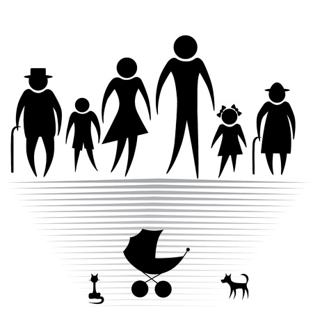 Silhouettes of woman man kid grandfather grandmother family, illustration  Element for design iconのイラスト素材