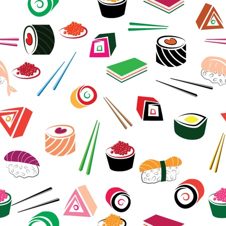 Sushi asian food seamless set  Details of japanese cuisine background - ingredient, fish  Vector illustration のイラスト素材