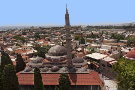 Suleiman Mosque of Rhodes Landmark with roofs, minaret Greeceの写真素材