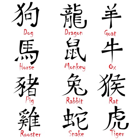 12 Chinese hieroglyph zodiac signs design vector illustration calligraphy for New Yearのイラスト素材