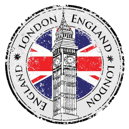 Rubber grunge stamp London Great Britain, Big Ben tower and British flag vectorのイラスト素材