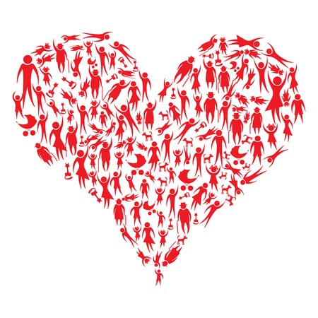 Red icon people and pets forming a big heart illustrationのイラスト素材