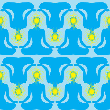 Yoga happy sun lifestyle, poses, asana lotus flower. Vector seamless wave people sport pattern