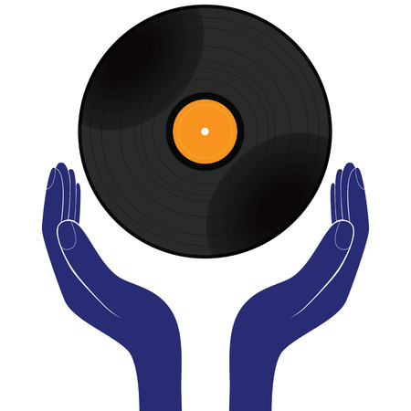 Hands hold vinyl record disk isolated white. Save, buy, enjoy, play it design vector.のイラスト素材