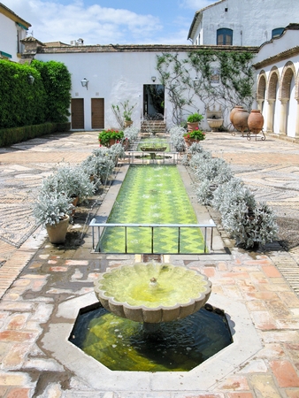 Typical Andalusian patio with fountain and numerous plants. Cordoba, Spainのeditorial素材