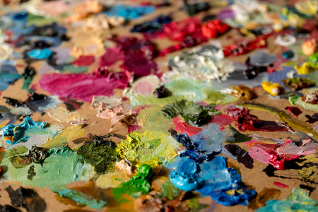 Closeup oil paints on wooden paletteの写真素材