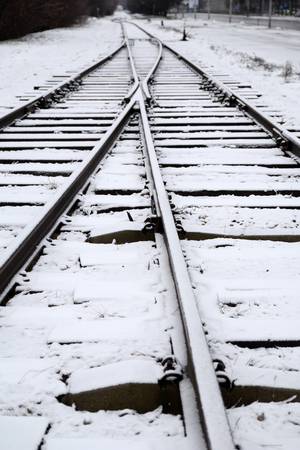 Railway track in winterの写真素材