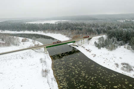 Top view of road covered in snowの写真素材