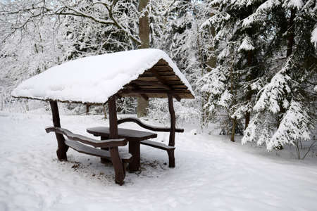 Wooden picnic table in snowの写真素材