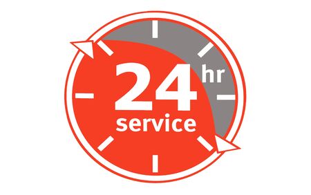 24/7 service. logo with a clock in red. banner. round-the-clock help concept. round-the-clock work. isolatedの写真素材