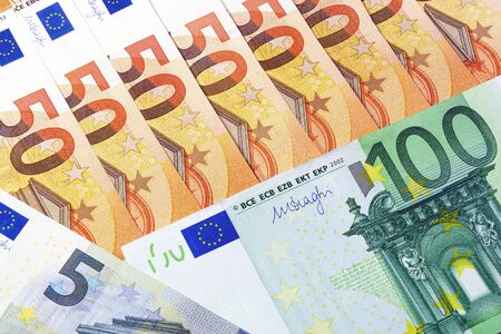 Euro cash. banknotes of 5, 50 and 100 euros. the currency of the European Union. money backgroundの写真素材