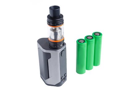 vape and 3 lithium-ion 18650 batteries. isolated on white background. vape shop concept