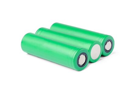 3 green batteries. 18650 batteries on a white background with a perspective. energy concept for devices. background for battery shopの写真素材
