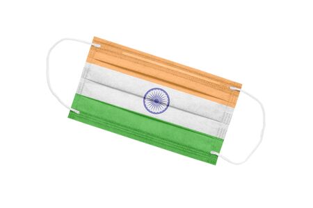 Medical mask with flag of india isolated on white background. pandemic concept in india. attribute of coronavirus outbreak in India. Medicine in India.の写真素材