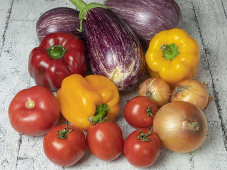 set of vegetables. Eggplant, tomatoes, onion and bell pepperの写真素材