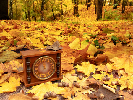 Old clock on the background of the autumn parkの写真素材