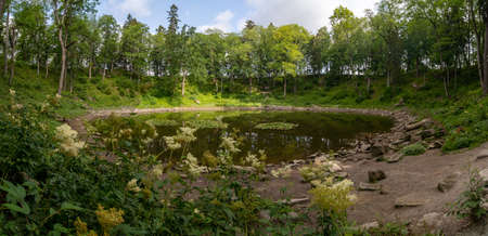 Estonia, on the island of Saaremaa, in the village of Kaali is a meteorite craterPanoramic view of the meteorite crater through the meadow grass - meadowsweet.の写真素材