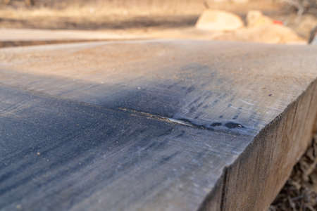 the second life of oak when sawing boards using a mobile chainsaw millの写真素材