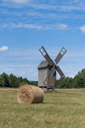 hay meadow with hay rolls or hay bales and ancient wooden windmillssummer days with sunlit hay rolls in a meadow with ancient windmillsの写真素材