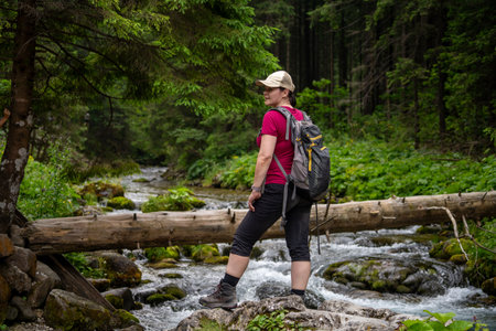 a woman on a mountain hike stops by a stream and looks where to go next in summerの写真素材