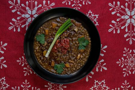 Lentil soup ingredients before cooking onionの写真素材