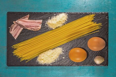 Pasta carbonara bacon eggs cheese baconの写真素材