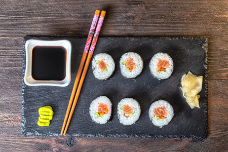 Sushi salmon soy sauce gingerの写真素材