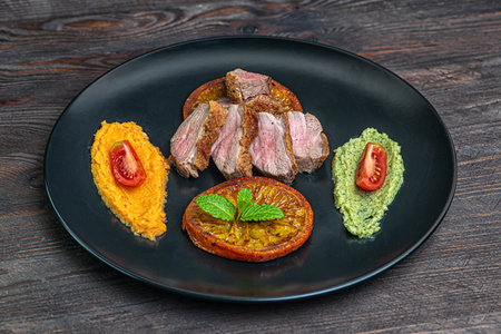 Duck breast orange broccoli mashの写真素材