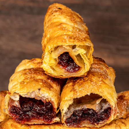 Butter Puff Pastry Filled with Plum Jam Close Upの写真素材