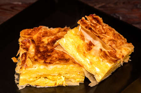 Homemade cheese pie with yogurt white cheese close up. High quality photoの写真素材