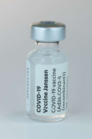Janssen bottles Covid-19 white background black fontsのeditorial素材