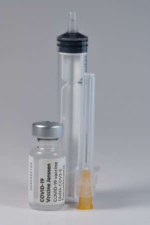 Janssen bottles Vaccine COVID-19 Injection white Needleのeditorial素材