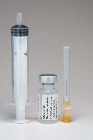 Janssen Vaccine bottles COVID-19 Injection white Needleのeditorial素材