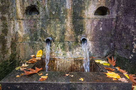 Spring Water Fountain Autumn Yellow Orange Leavesの写真素材