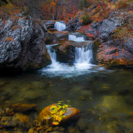 Mountain river with small waterfall with clear water falling down wet bouldersの写真素材