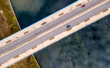 Bridge top high diagonal view blue riverの写真素材