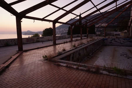 View from the pool area of an abandoned hotel outside of Dubrovnik, Croatia 2020の写真素材