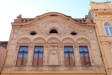 Art nouveau, Jugendstil facade of a house in Brasov with german inscriptions, Romania 2021のeditorial素材