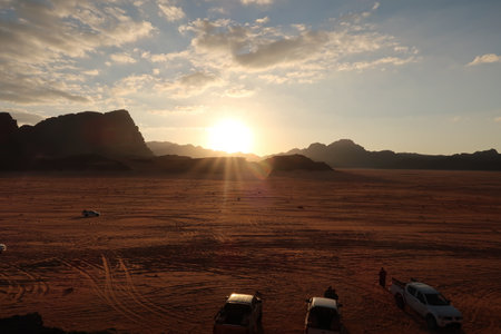 Sunset spot in the Wadi Rum desert, tourists brought with cars, Jordan 2021の写真素材