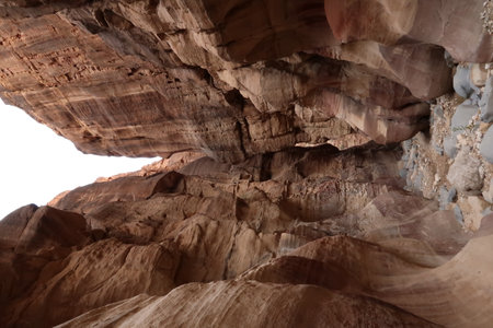 Interesting shapes and formations within the deep Wadi Ghuweir canyon, Dana, Jordan 2021の写真素材