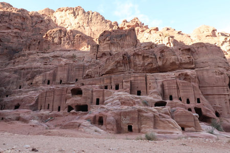 Walking along the street of facades in the ancien nabataean city of Petra, Jordan 2021の写真素材