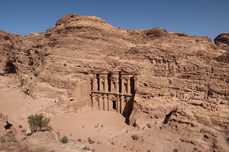 View onto the famous Monastery in Petra from a view point, Jordan 2021の写真素材