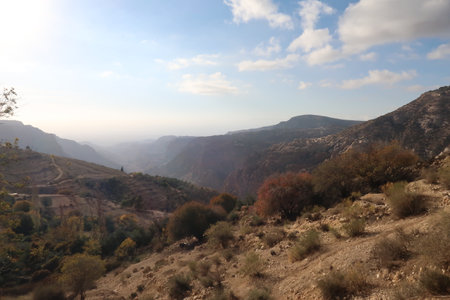 On the way to the view point overlooking Dana and the Valley of the Dana Trail, Dana, Jordan 2021の写真素材