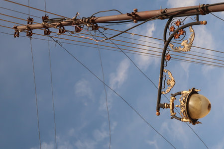 Elaborate street lantern and wires in the city of As-Salt, Salt, Jordan 2021の写真素材