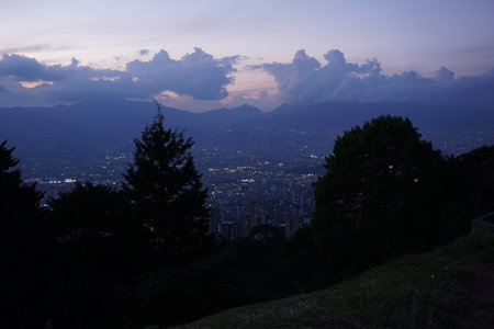 View onto Medellin after sunset from the Mirador de Las Palmas, Las Palmas View Point, Colombia 2020の写真素材