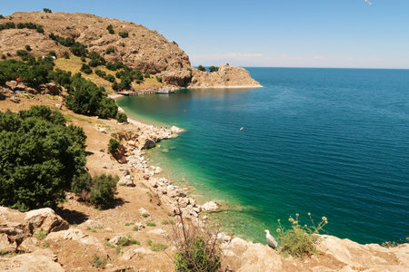 View onto the bay of Akdamar Island on Lake Van, Van Gの写真素材