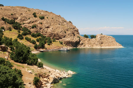 View onto the little pier, jetty on Akdamar Island on Lake Van, Van Gの写真素材